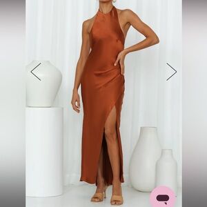 HELLO MOLLY LIGHT MINDS SATIN MIDI DRESS IN CHOCOLATE